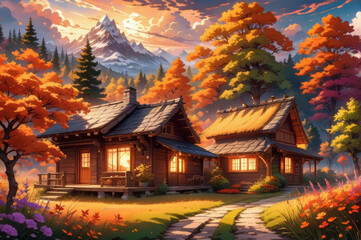 A house in the mountains. Autumn landscape.