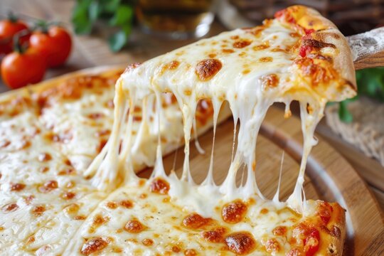 A delicious slice of cheesy pizza being lifted, showcasing the gooey, melted cheese and crispy crust, perfect for pizza lovers.
