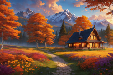 A house in the mountains. Autumn landscape.