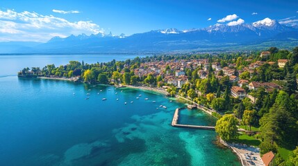 Fototapeta premium Aerial view of Lake Geneva, with its clear blue waters surrounded by picturesque towns and the towering Alps in the distance.