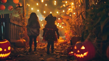 Naklejka premium A Halloween party with kids and a festive, decorated background.
