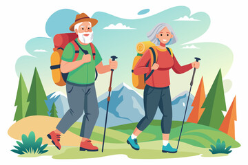 Seniors on hiking. Mature man and woman with backpacks and sticks climb the mountain. Happy elderly couple is engaged in active recreation
