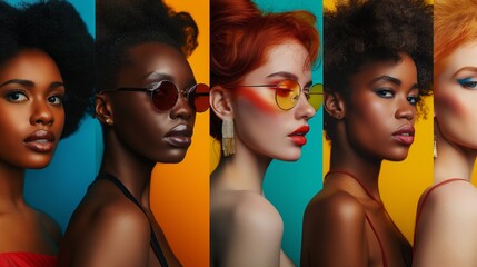 Profile portraits of diverse women in vibrant colors, celebrating empowerment through representation and cultural diversity