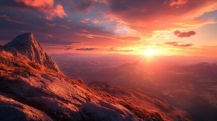 Fototapeta premium Amazing sunset view from a mountain peak, with the sun setting over distant valleys and the sky filled with rich colors.