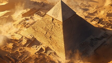 Obraz premium Bird's-eye view of a pyramid, showcasing its precise angles and layered stonework, with a dramatic backdrop of golden sands.