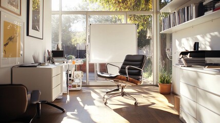 White desk with black office chair, whiteboard, and plants in a sunny room.