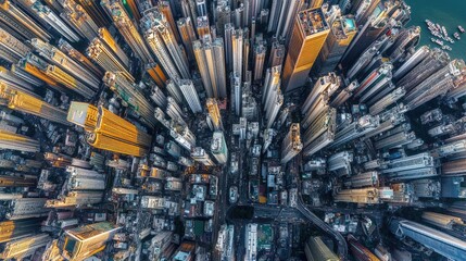 Fototapeta premium Bird's-eye view of the bustling metropolis of Hong Kong, with its dense high-rises and harbor reflecting the cityscape.