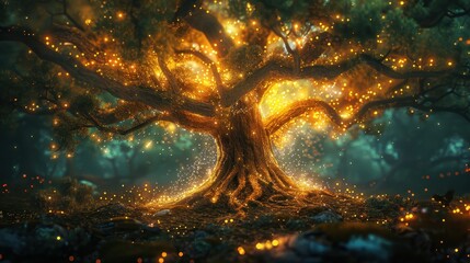 Obraz premium A magical tree illuminated with glowing lights in a mystical forest, creating an enchanting and serene atmosphere.