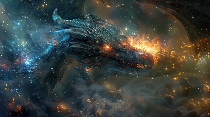 Obraz premium A majestic dragon soaring through a cosmic landscape filled with stars and nebulae, embodying the essence of fantasy and adventure.