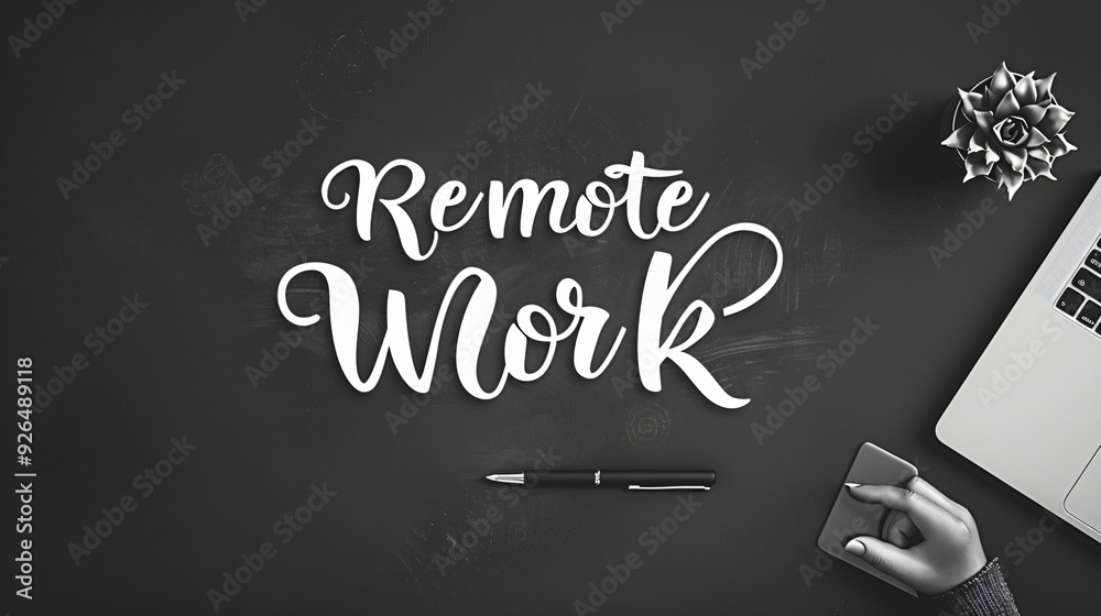 Poster remote office worker using laptop and mouse in home office with remote work sign