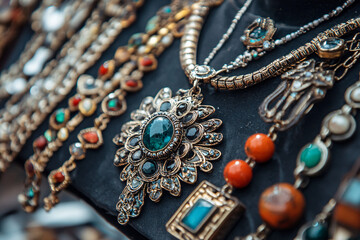 Fototapeta premium A display of necklaces and bracelets with a green gemstone pendant