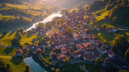 Fototapeta premium Bird's-eye view of the traditional Swiss water town of Appenzell, with its colorful buildings and surrounding landscapes.