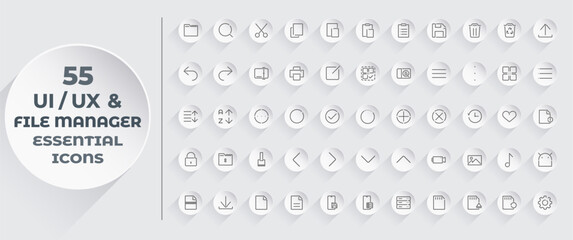 Minimalist and Simple Linear UI UX Essential Icon Set for File Manager App. File Explorer App Interface Icon Pack Design Vector Template. Customizable outlined isolated user interface elements.