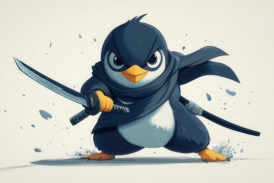 cartoon samurai penguin midkatana swing comical determined expression clean white background highlights dynamic pose