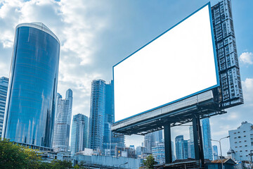 A large billboard is on a city street with a clear blue sky in the background