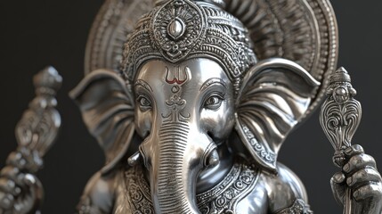 Close-up 3D photo of a silver Lord Ganesha idol, highlighting the polished surface and fine detailing.
