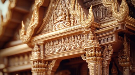 Obraz premium Close-up 3D photography of a Thai spirit house carving, highlighting the detailed wooden elements and gilded accents.