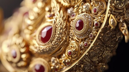 Fototapeta premium Close-up 3D photography of a traditional Thai jewelry piece, highlighting the raised gold designs and embedded gemstones.