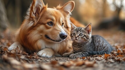 A corgi and a kitten share a moment of curiosity while surrounded by fallen autumn leaves in a peaceful outdoor area