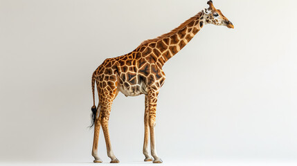 Obraz premium A giraffe standing in front of a white background. The giraffe is the main focus of the image, and it is looking to the right. The white background creates a sense of contrast