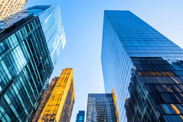 Fototapeta premium A city skyline with tall buildings and a clear blue sky