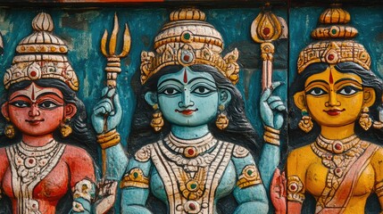 Obraz premium Close-up of a section of an Indian mural, with vivid colors and detailed depictions of gods and goddesses.