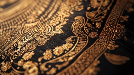 Close-up of intricate henna patterns on traditional Indian fabric, showcasing the fine lines and detailed designs.