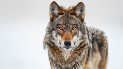 Obraz premium A wolf with a brown and gray coat stands in front of a white background. The wolf has a curious expression on its face, and its fur is fluffy and thick