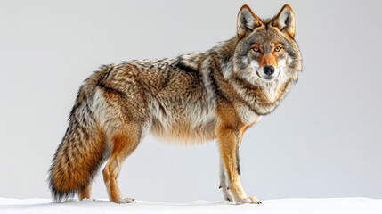Obraz premium A coyote stands on a snowy surface, looking at the camera. Concept of wildness and untamed nature, as the coyote is a creature of the wild, not a domesticated pet