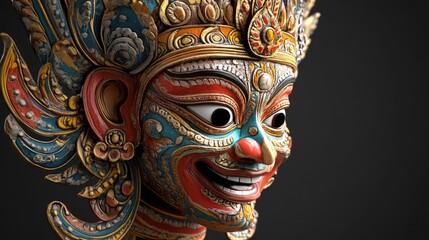 Detailed 3D view of a Thai dance mask, capturing the fine craftsmanship and vibrant colors of traditional performance art.