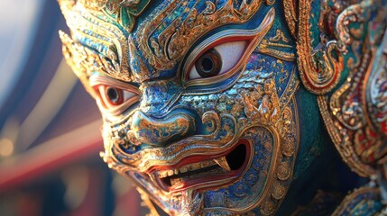 Fototapeta premium Detailed 3D view of a Thai dance mask, capturing the fine craftsmanship and vibrant colors of traditional performance art.