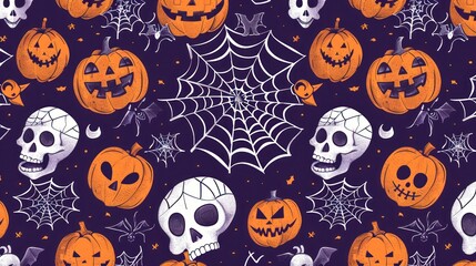 Fototapeta premium A vibrant Halloween pattern background featuring pumpkins, spider webs, and skulls.