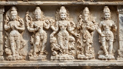 Obraz premium Detailed shot of a carved stone panel from an Indian temple, with ancient mythological figures depicted in fine detail.