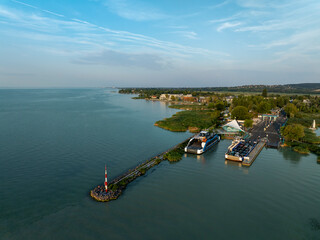 Ferry across Lake Balaton from Szantod to Tihany on a sunny summer day, transportation and travel...