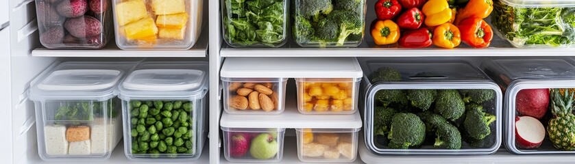 Organized Meal Prep: Weekly Menu in Stocked Refrigerator with Fresh Produce and Healthy Snacks
