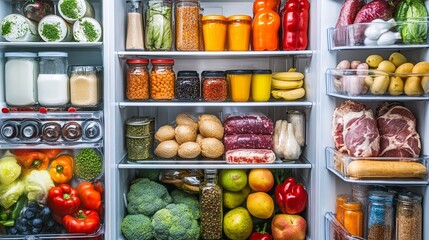 Neatly Organized Refrigerator with Fresh Produce, Meats, Dairy, and Condiments for Healthy Living