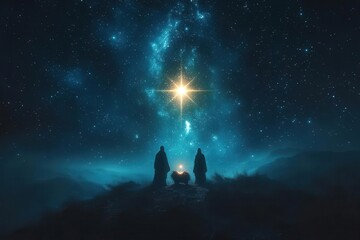 celestial nativity scene radiant star of bethlehem illuminating night sky guiding silhouetted travelers mystical ethereal christmas story illustration