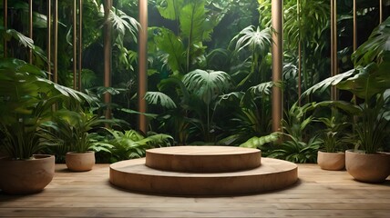 Fototapeta premium A serene indoor garden with circular platform and lush greenery in a tranquil, natural setting