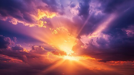 Fototapeta premium Dramatic sunset with storm clouds and sunlight breaking through, casting rays of gold and purple across the sky.