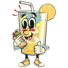 lemon ice cartoon character retro vector design carrying a burritos while giving a thumbs up, work of hand drawn