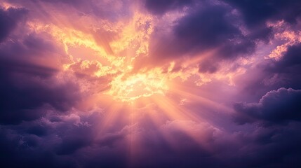 Fototapeta premium Dramatic sunset with storm clouds and sunlight breaking through, casting rays of gold and purple across the sky.