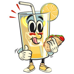 lemon ice cartoon character retro vector design carrying a taco while giving a thumbs up, work of hand drawn
