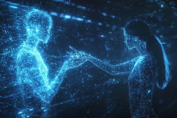Image of two people separated by a vast digital divide, yet reaching out to each other through holographic screens. The virtual connection between them appears almost tangible as glowing light trails