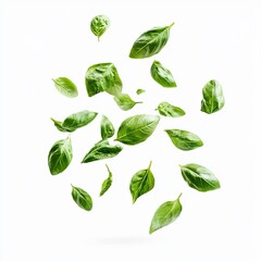 A bundle of fresh basil leaves, gently floating in the air, some leaves facing up while others rotate slightly, creating a natural dynamic, isolated on a white background