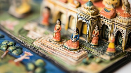 Fototapeta premium Focused shot of a hand-painted Indian miniature painting, with rich colors and fine brushwork visible in every detail.