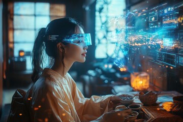 Visual of a person sitting in a cozy room with a holographic partner sitting beside them, sharing a virtual meal. The scene blends real and digital worlds, symbolizing how technology bridges the gap