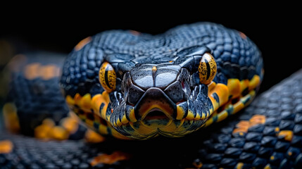 Fototapeta premium A snake with a black head and orange body. The snake is looking at the camera