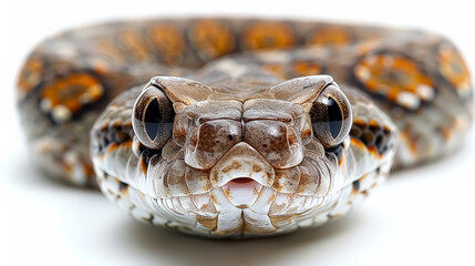Fototapeta premium A snake with a black head and orange body. The snake is looking at the camera