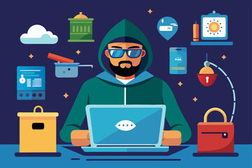 Internet fraud. Hacker behind a laptop monitor. Phishing and online surveillance. Identity theft and hacking of bank
