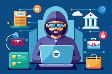 Internet fraud. Hacker behind a laptop monitor. Phishing and online surveillance. Identity theft and hacking of bank
